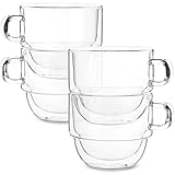 BTaT- Double Walled Stackable Glass Coffee Mugs, 16 oz, Set of 4, Glass Coffee Cups with Handle, Insulated Clear Coffee Mug for Hot and Cold Beverages, Cappuccino, Latte, Tea, Americano