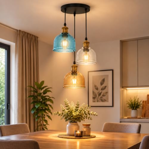 Image of LEDSone 3 Light Pendant Ceiling Light Multi Coloured Ribbed Glass Cluster Pendant with E27 Lamp Holders, Black & Antique Brass Hanging Light for Kitchen Island, Dining Room & Hallway