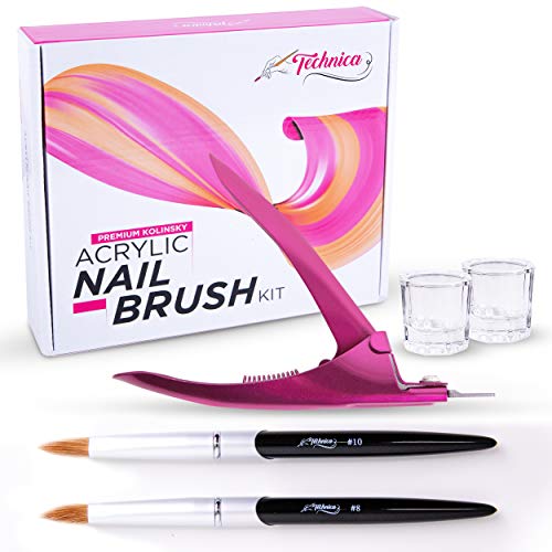 Technica Kolinsky Acrylic Nail Brush Set Premium Nail Kit For The Pro Nail Tech - Nail Salon Tested Acrylic Nail Kit Brings 2 Kolinsky Brushes Size 8 and 10-2 Dappen Dish and 1 Acrylic Nail Clipper