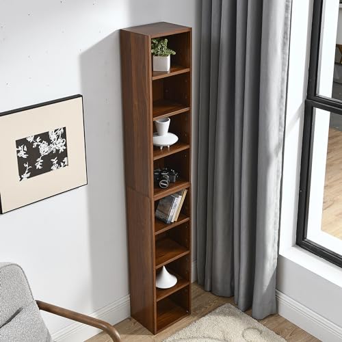 YiaFurio Slim Movie/CD/DVD Storage Cabinets with Adjustable Shelves,8-Tier Multimedia Storage Tower, Tall Narrow storage Shelf for Living Room, Office，walnut