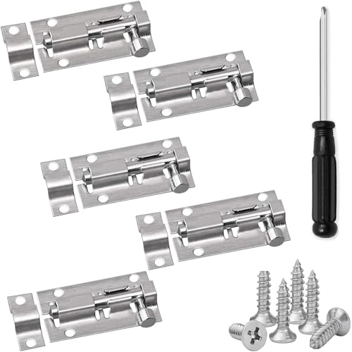 5 cerraduras de perno pequeñas, de acero inoxidable de 2 pulgadas, cerraduras deslizantes plateadas con tornillos para baño, dormitorio, hogar, inodoro, patio, jardín
