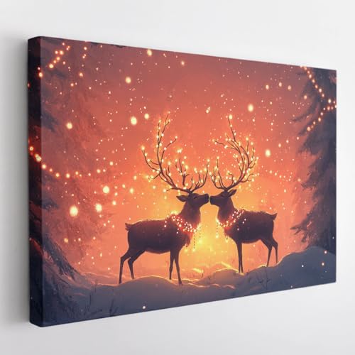 Canvas Wall Art Merry Christmas-Christmas Deer Wall Art Canvas: Natural Deer in the Snow Winter Wall Decorations for Living Room Farmhouse Bathroom Decorations with Frame and Easy to Hang-P76QW