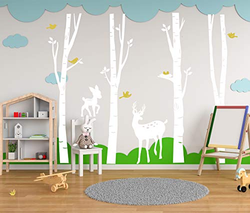 Luckkyy Large Birch Tree Deer Wall Decal Forest Birch Trees Birch Trees Vinyl Kids Vinyl Sticker Vinyl Wall Decal Family Room Art Decoration (White) #TOP4