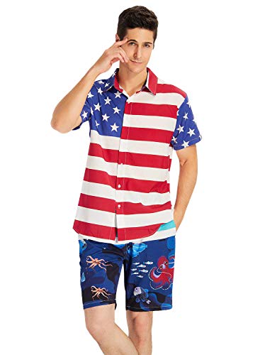 uideazone Men's American Flag Button Down Shirt Patriotic USA Red White and Blue Hawaiian Shirt