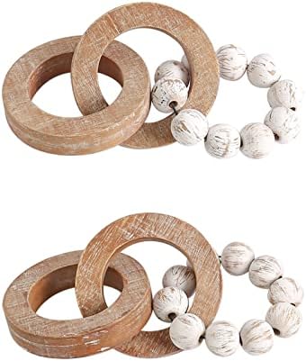 Wood Chain Link Decor for Farmhouse Table Decor, Handmade Carved 3 Link Wood Knot & Wood Bead Decor, Natural Wooden Chain Link for Boho Home Decor, Best Housewarming Gifts (2 Pcs, 8.7inch)