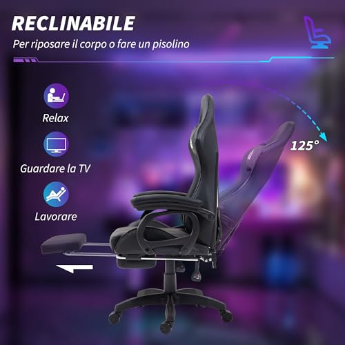 Sedia da Gaming Massaggiante con Poggiapiedi, Poltrona da Gaming Ergonomica Reclinabile con Altezza Regolabile, Poggiatesta regolabile, Supporto lombare e Telecomando, in Finta Pelle, Nero - Sedia gaming - Immagine 5