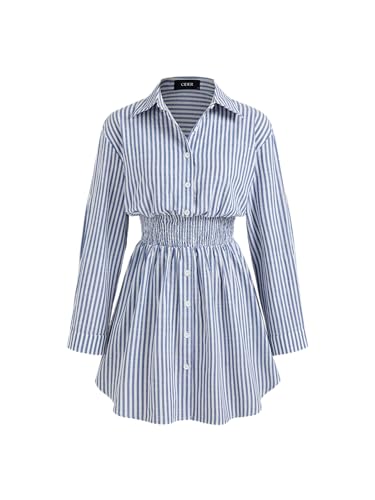 CIDER Shirt Dress for Women Casual Collar Neck Striped Button Mini Long Sleeve High Waist Cotton-Blend Dress