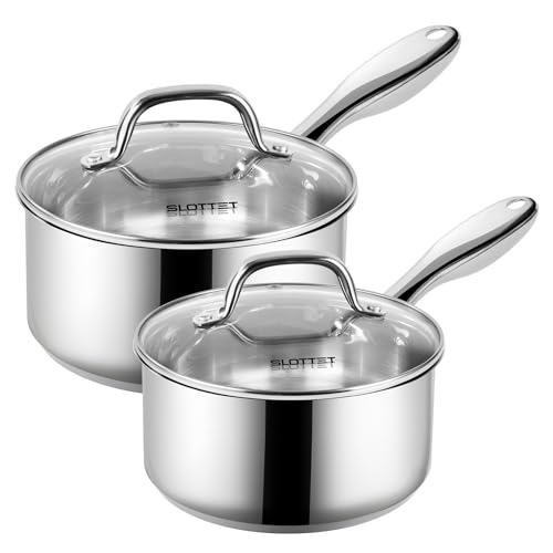 SLOTTET 1Qt & 2Qt Stainless Steel Sauce Pan Set with Lid,4 Pcs Non Stick Saucepan,Small Kitchen Pots,Induction Compatible,PFOA FREE