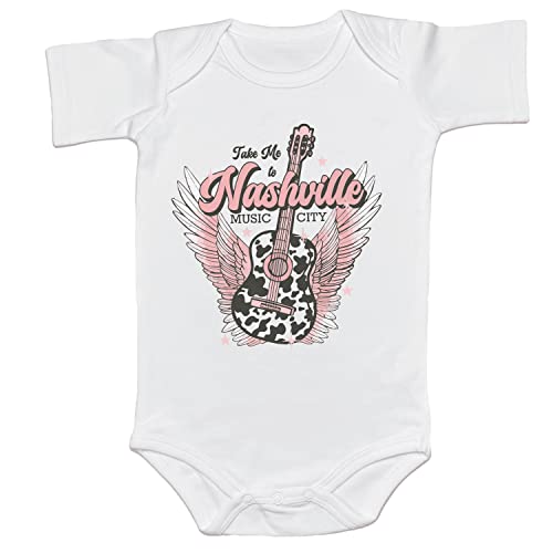 Western Baby Girl Clothes Cow Winged Letter Print Romper Onesie Cowboy Take Me Away Carton One Piece Bodysuit (12-18 Months, Take Me to Music City-Romper)