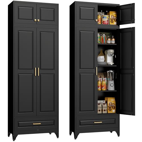 Kitchen Pantry Storage Cabinets, 90" Tall Metal Storage Cabinet with Doors and 3 Shelves, Black Pantry Cabinet with Drawer, Kitchen Cupboard, Large Steel Cabinets for Dining Room, Office, Living Room