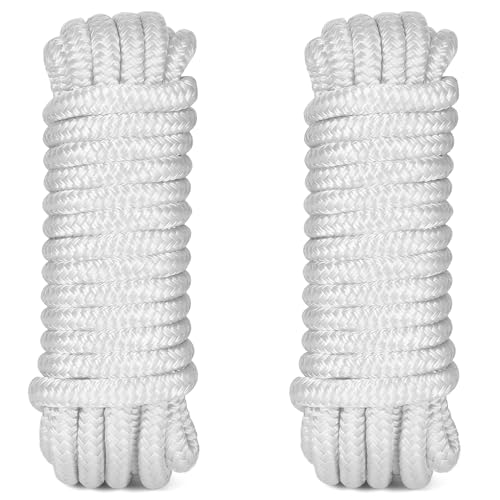 Boat Dock Lines 2 Pack 3/8\" x 15\' - Boat Ropes for Docking with Loop, Marine- Grade Double Braided Nylon Dock Line, 3/8 Nylon Rope for Mooring, Towing, and Anchoring, Boat Gifts for Men (White)