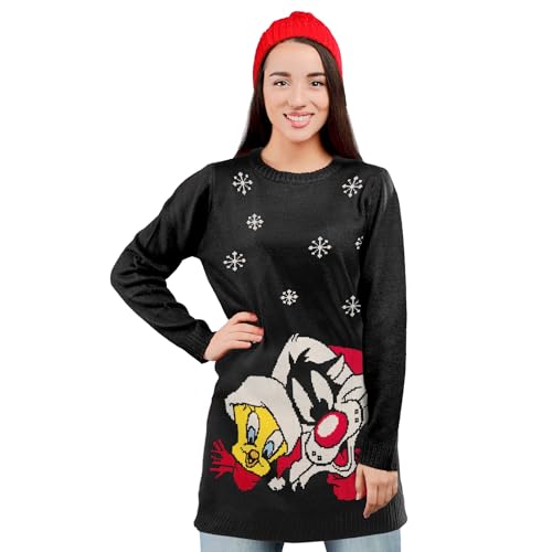 United Labels Looney Tunes Strickkleid für Damen, Sylvester und Tweety, Schwarz, M, Kleid Langarm, Winterkleid, Weihnachtskleid