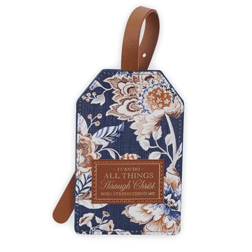 Christian Art Gifts Inspirational Vegan Leather Floral Scripture Luggage Tag for Women All Things Through Christ Cute Suitcase Baggage Accessory for Carry-on, Checked Bag, 4.8" x 3.1", Navy Blue/Brown