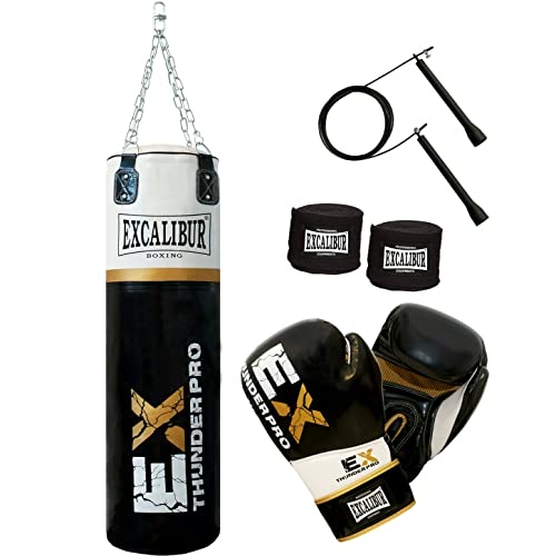 MAXXUS Boxsack Set EXCALIBUR Thunder Pro - 10/12/14Oz, Gefüllt & Hängend, Erwachsene,120cm Punchingsack, Boxhandschuhen, Boxbandagen, Sprungseil, Kette - Kickboxen, Boxing, Muay Thai, MMA, Kampfsport Cover