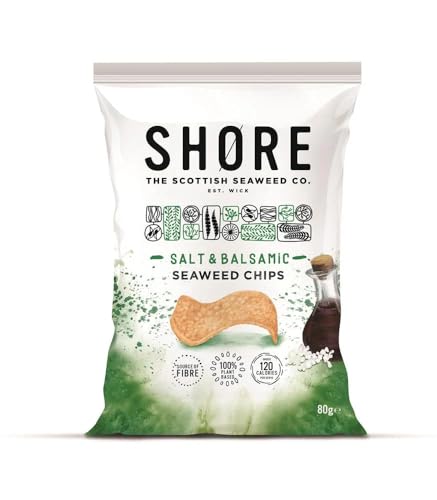 Shore Salt & Balsamic Seaweed Crisps - 80g | 100% Sustainable, Plant-Based Snack | High in Iodine & Fiber, Under 120 Calories | Antioxidant-Rich, No Added MSG | (Pack of 12) from SuperfoodUK