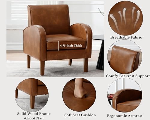 LIVINOVA Brown Faux Leather Accent Chairs Set of 2, Mid Century Modern Upholstered Arm Chairs with Wooden Legs, Comfy Reception Office Club Reading Side Lounge Chair for Living Room Bedroom - Thumbnail 4