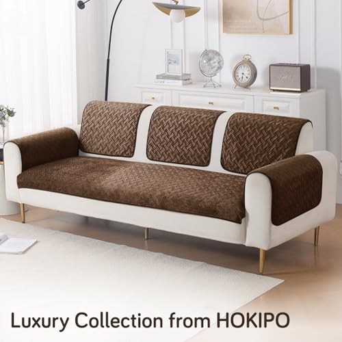 Image of HOKIPO Premium Velvety Quilted Sofa Armrest Covers (Pack of 2)- Anti-Slip, Washable Arm Cover, 'Softline Quilted Series' | Chocolate Brown (AR-6321-BR*2)