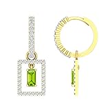 Dazzlingrock Collection 6 x 3 mm Smaragdform Peridot & Runde weiße Diamant Huggies baumelnde Ohrringe für Sie in 18 Karat Gelbgold, Peridot Diamant Gelbgold, Smaragd-Peridot runder weißer Diamant