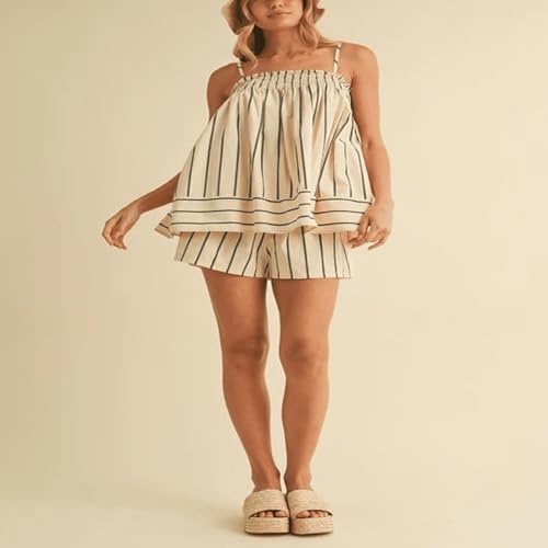 Image of SOOKABEILA Women 2 Piece Lounge Set Sleeveless Striped Cami Peplum Top Boxer Shorts Loose Ruffle Matching Pj Sets Outfits