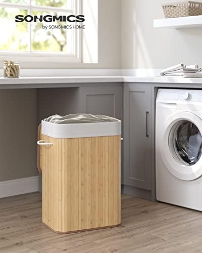 SONGMICS Bamboo Laundry Basket, XL Foldable Storage Hamper with Removable Washable Lining, 72L, 40 x 30 x 60 cm, Natural LCB10Y