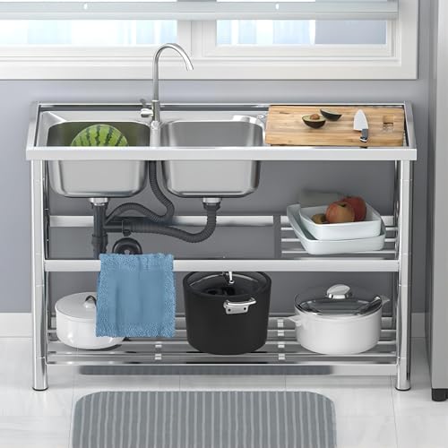 DuyviSteil T-304 Free Standing Stainless Steel Double Bowl Sink, Utility Kitchen Sink with Workbench, Commercial Restaurant Sink Set for Courtyards or Kitchen/Cold and Hot Water Pipes