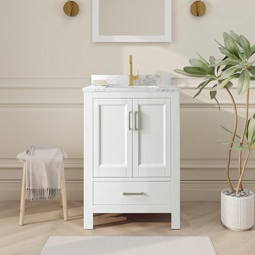 SJ STAR&JANE 24 Inch Freestanding Double Sink Bathroom Vanity in White with Cultured Marble Countertop in Carrara White (Assembled)