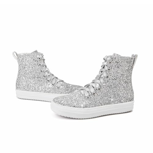 UBWDU Women's High Top Glitter Tennis Sneaker Platform Sneaker with Zipper Rhinestone Bling Wedding Bridal Shoes Shiny Sequin Shoes 5