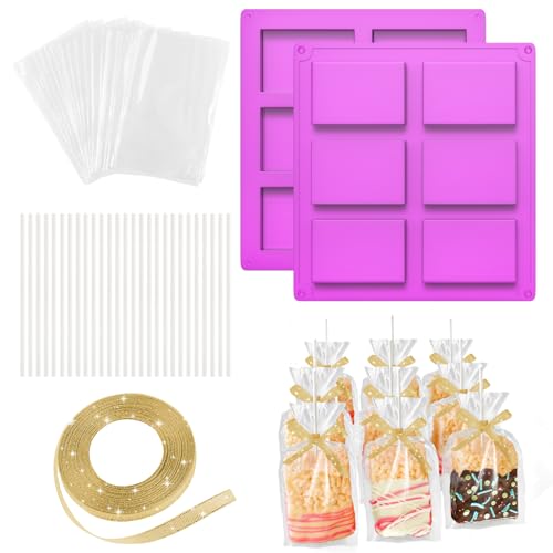 MGWOTH Rice Krispie Treats Making Set: 2PCS Crispy Cereal Bar Silicone Mold with 50 Clear Bags & Cake Pop Sticks, Baking Container with for Marshmallow, Individually Wrapped Chocolate Party Packaging