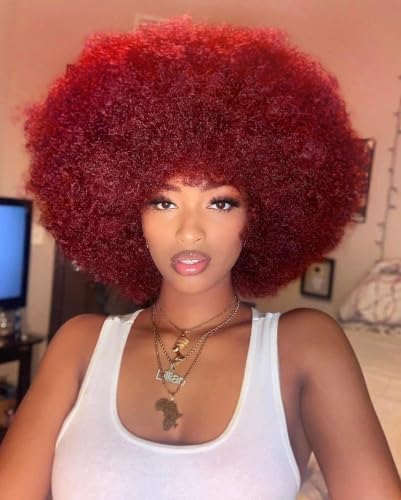 HIHOO Afro Wigs for Black Women with Bangs 70s Big Afro Kinky Curly Wig