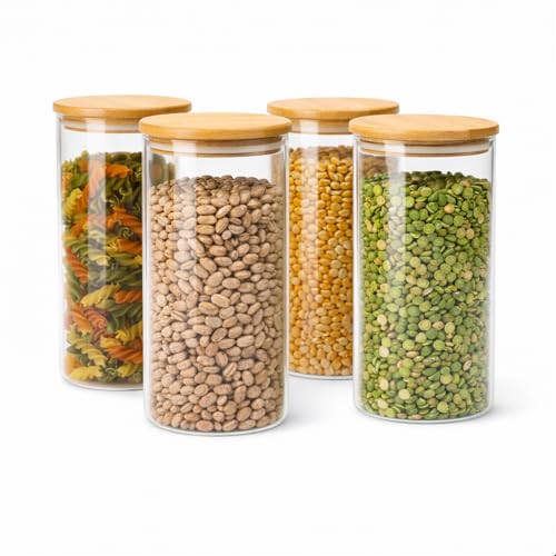 Kit com 4 Potes Herméticos 1 Litro de Vidro Borossilicato com Tampa de Bambu, Redondo, Vedação de Silicone
