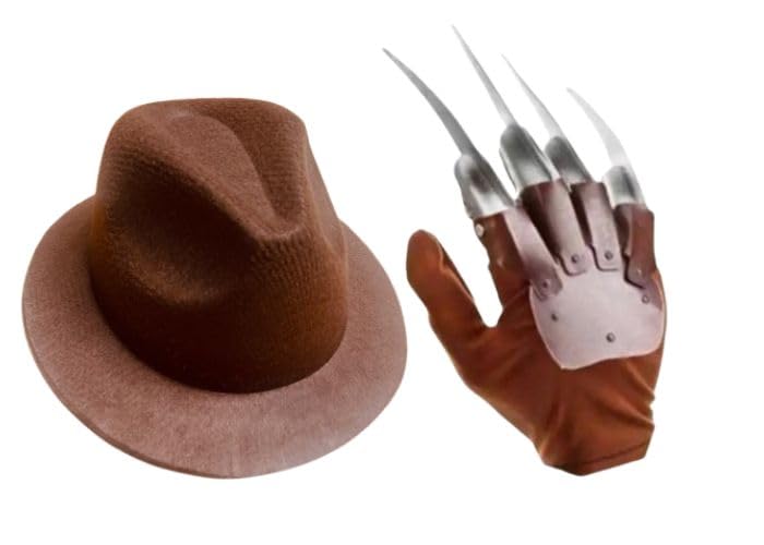 GREY LOOK Déguisement d'Halloween effrayant pour adulte avec gant griffe Freddy Krueger et chapeau marron