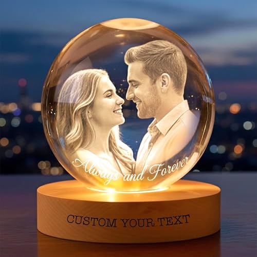 CustomsMerch Personalized 3D Photo Crystal Ball, Custom Engraved Picture Lamp, Globe Night Light for Couples, Custom Photo Gifts for Wife, Husband, Gifts Birthday Anniversary Valentines for Her, Him
