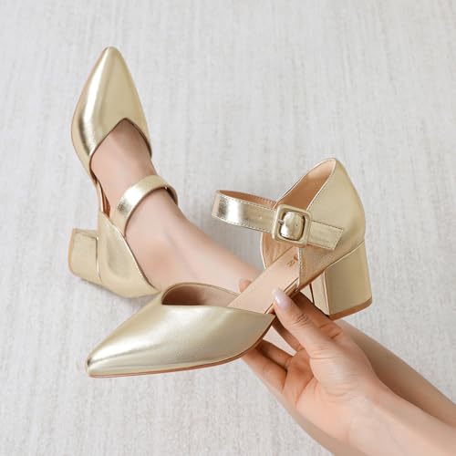 Image of RIBONGZ Comfortable Kitten Heels for Women Pointed Closed Toe Ankle Strap Buckle Heels Slip on Low Heel Church Pumps Wedding Bridal Party Dressy Shoes