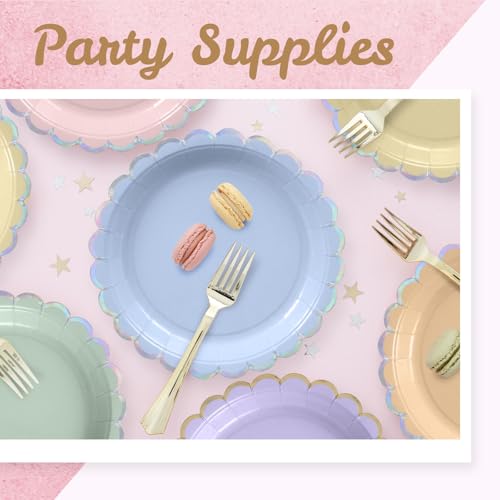 Image of Party Paper Plates, 50-Pack 9-Inch Bulk Disposable Decorative Plates with Iridescent Scalloped Trim, 6 Pastel Colors for Tea Party, Easter, Garden Party, and Bridal Showers, Opalescent Pastel Medley