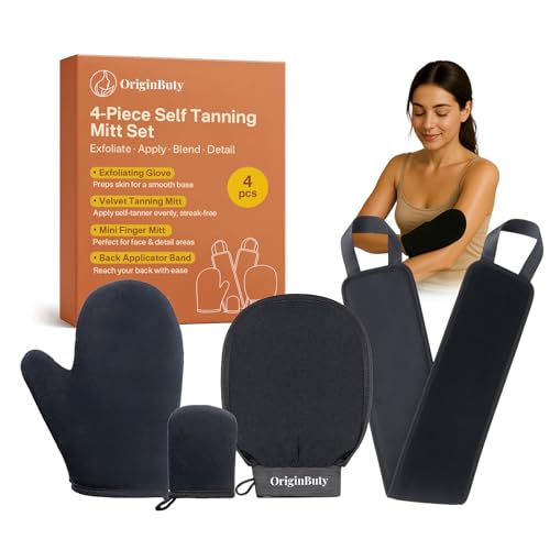 Image of Tanning Glove & Exfoliating Mitt Duo - 4-Piece Kit for Sunless Tanner Application - Washable, Streak-Free, Works with Mousse & Lotion