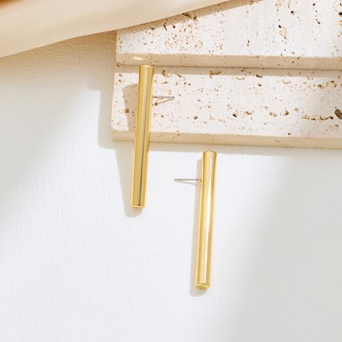 FAMARINE Gold Bar Earrings for Women Minimalist 14K Gold Plated Long Vertical Bars Drop Earring Tube Jewelry4