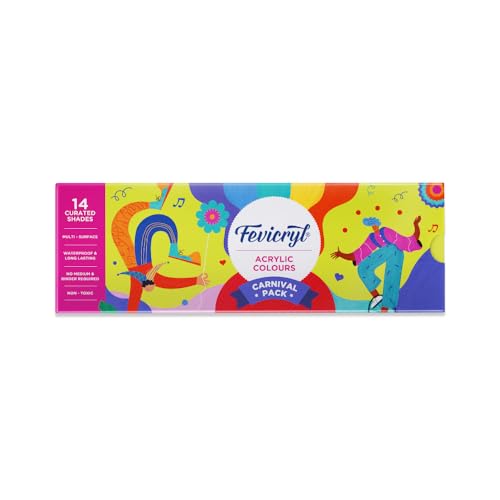 Image of Fevicryl Carnival Kit, 10 ml x 14 Acrylic Colour in Primary, Pastel & Pearl Metallic Shades, Vibrant Paints for Canvas, Fabric, Wood, Glass, Non-Toxic, DIY Art & Craft