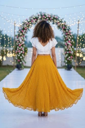 Image of Women's Lycra Top with Georgette Skirt | Polka Dot Print Long Flared Maxi | Full Length Flowy Skirt for Women | Stylish Casual Wear
