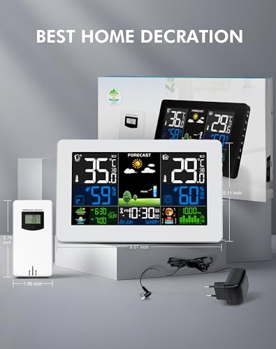 Stazione Meteo con Sensore Esterno, Barometro Digitale LCD Wireless a Colori DCF, Sveglia, Fase Lunare, Previsioni Meteo, Retroilluminazione Regolabile, Bianco - 7