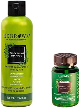 Regrowz Thickening Shampoo with Saw Palmetto 225ml with Biotin Hair Growth Supplement for Men 60 Capsules