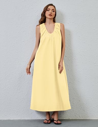 Image of MISSACTIVER Women's Sleeveless Maxi Dress Scoop Neck Ruched Long Dress with Side Pockets Wide Shoulder Elegant Blouse Dresses