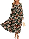 Simplee Womens Long Sleeve Fall Wedding Guest Dress Boho Floral Smocked Square Neck Tiered Flowy Maxi Dresses Rose Floral XL