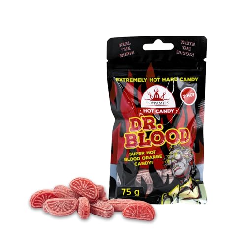Poppamies Hot Candy Dr Blood Chili Orange Sweets - Lactose Gluten Free Vegan - Not for kid or Halloween Prank - Spiciness: X-HOT - Size: 75g