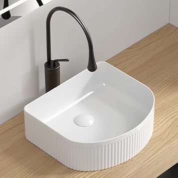 16" x 14" Rectangular Ceramic Vessel Sink Above Counter, White Porcelain Bathroom Vanity Basin with Modern Fluted Texture Design Rectangle+Round