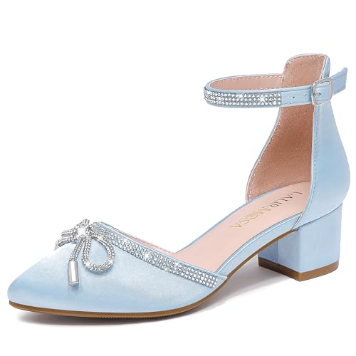 Image of LAURMOSA Girls Sandals Closed Toe High Heels Pointed Toe Ankle Strap Pumps Flower Girl Dressy Shoes in Wedding Party Cute Bowknot Chunky Block Heeled for Little Big Kids