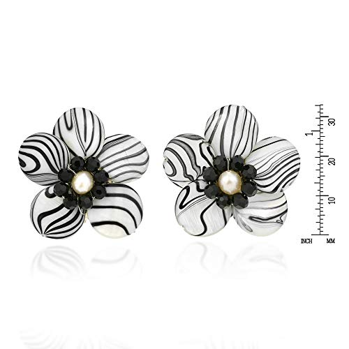 Aeravida Sweet Daisy White Zebra Painted Mother Of Pearl And Cultured Freshwater Pearls Clip On Earrings | Beach Accessories For Women | Floral Silver Earrings | Clip On Earrings #TOP3