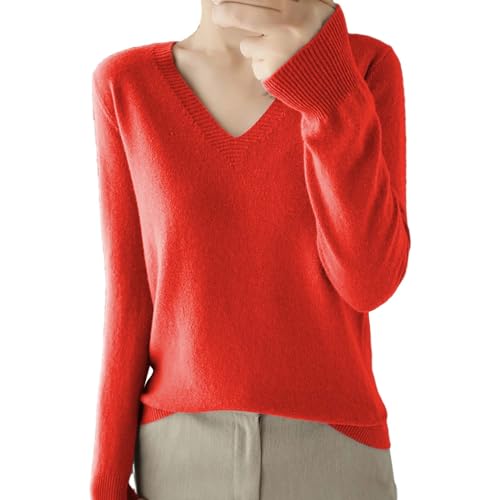 Nidddiv Camisola de malha elegante para mulher, gola em V, manga comprida, monocromática, camisola de malha fina, camisola de inverno, quente, casual, t-shirt de manga comprida leve, Vermelho, L