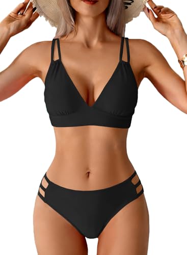 CheChury Bikini Mujer Traje de Baño 2 Piezas Cuello en V Bañadore Push Up Conjunto Sexy con Triángulo Halter Cintura Baja Tie De Dos Piezas Playa con Cordones Biquini de Natacion