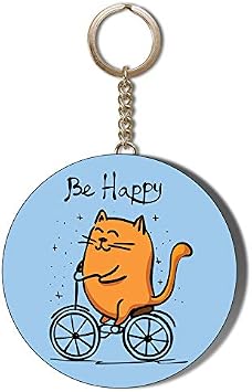 CARTOON CAT ON A BIKE - BE HAPPY - BLUE BACKGROUND - 58mm Long Chain KEYRING BOTTLE OPENER