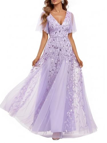 Ever-Pretty Women's Sequin Formal Dress Sparkly V-Neck Short Sleeve A-Line Floor Length Prom Evening Gown Lavender US14